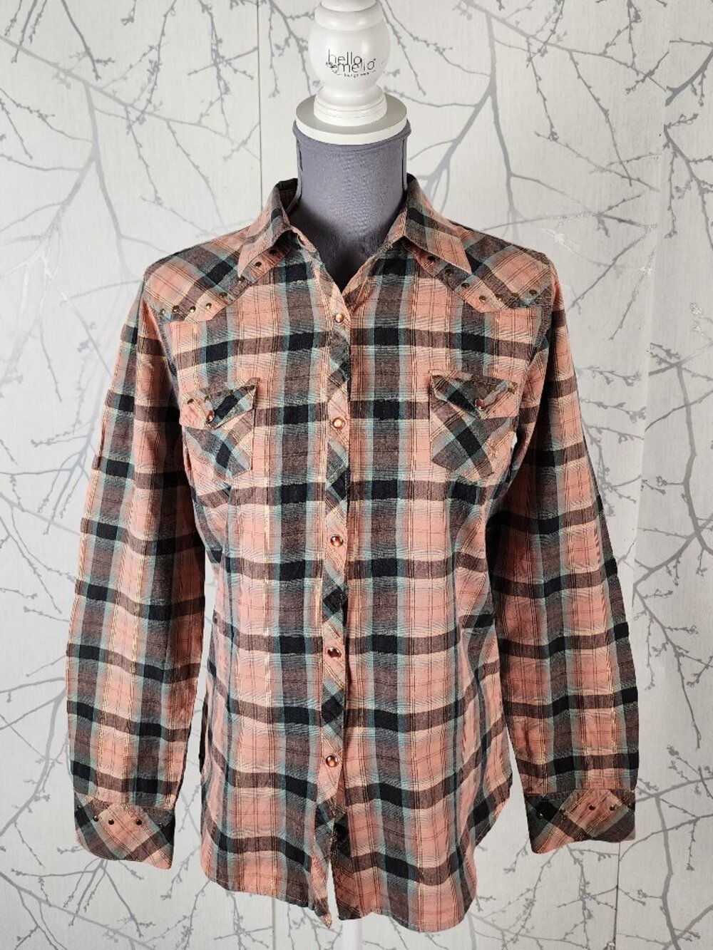 Cowgirl Up Coral Metallic Plaid Cotton Pearl Snap Western Blouse